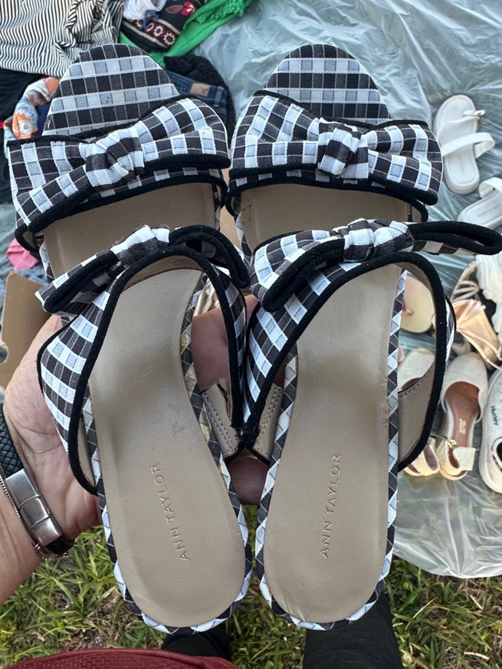 Ann Taylor Black and White Gingham Bow Heels